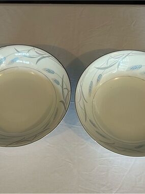 Valmont Cream Ceramic Serving Bowls with Blue & Gray Leaf Motif - Set of 2